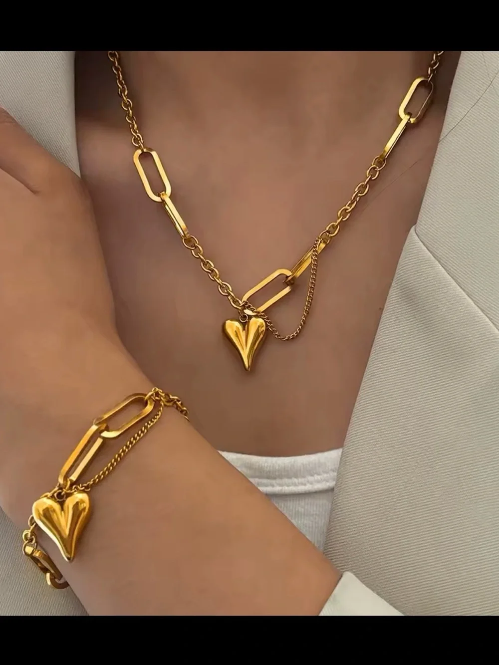 Gold Heart Link Layered Necklace Set - Women Jewelry